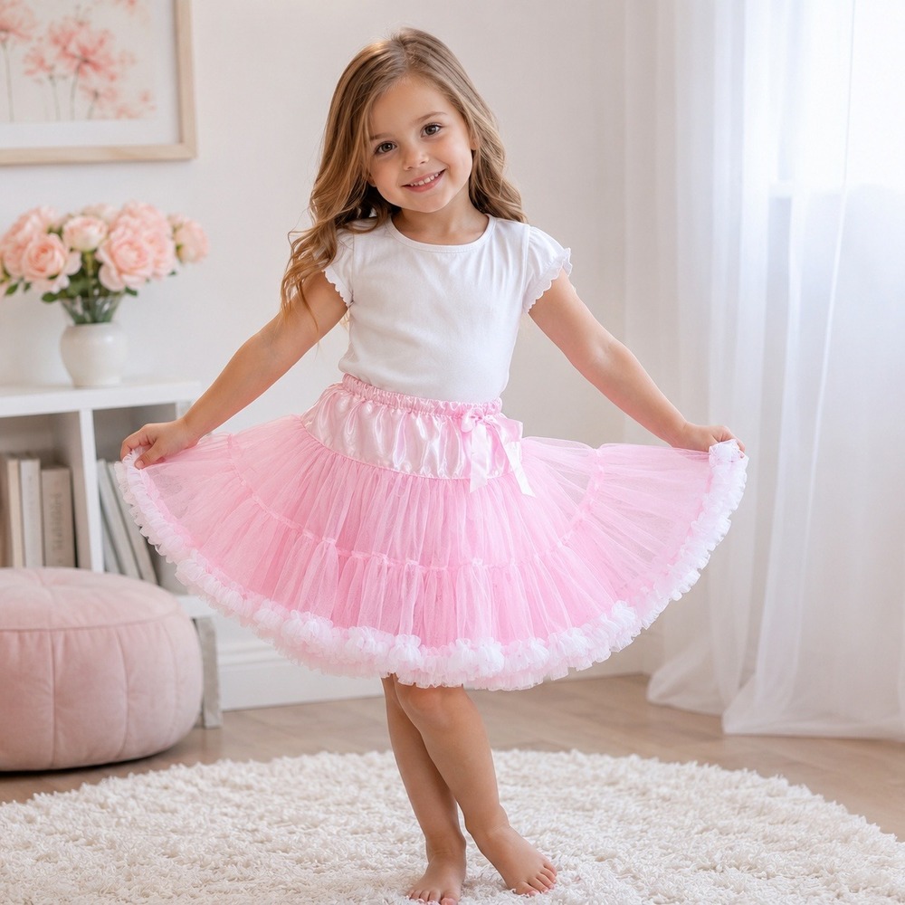 Pink Tiered Tulle Tutu Skirt Kids Ruffle Trim Satin Waistband Costume Dance